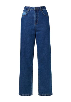 Blugi albastri din denim, cu talie înaltă și croială lejeră, având un buzunar aplicat de culoare albastru deschis. Cusături distinctive și design cu picior drept.