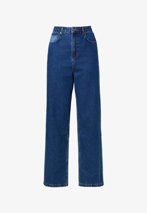 Blugi albastri din denim, cu talie înaltă și croială lejeră, având un buzunar aplicat de culoare albastru deschis. Cusături distinctive și design cu picior drept.