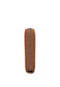 Brown fabric pencil case with a closed silver zipper viewed from the top against a white background.