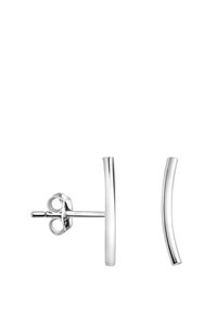 Silberne Metall-Stud-Ohrringe mit einem geschwungenen, länglichen Design, einer glatten Oberfläche und einem sicheren Schmetterlingsverschluss.