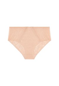 Beige kant hipster slips met een bloemenpatroon, een gladde textuur en een hoge tailleontwerp voor bedekking en comfort.