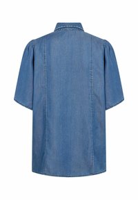 Koszula dżinsowa, jasnoniebieska, krótkie rękawy, kołnierzyk, marszczone ramiona, prosty krój, detal szwu z tyłu, gładka tekstura, casualowy design.