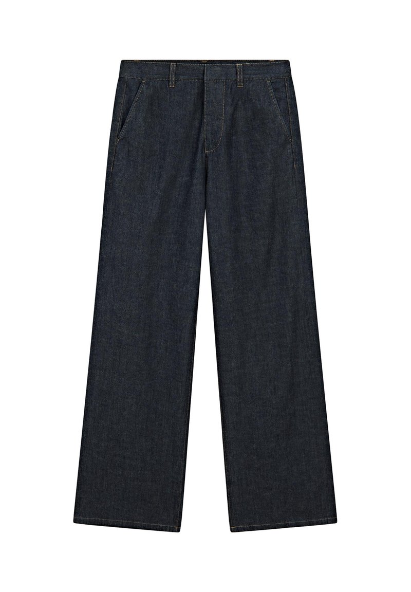 Wide-leg denim trousers in dark wash, featuring front pockets, subtle stitching, and a classic waistband design. Smooth texture, sturdy material.