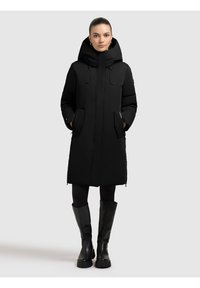 Black puffer coat with a high collar, front zipper, two side pockets, and vented sides. Smooth texture with a matte finish.