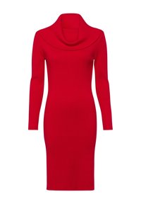 Robe en tricot rouge avec un col bénitier, des manches longues et une silhouette ajustée. Présente une texture côtelée et atteint la longueur mi-mollet.