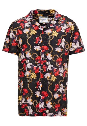 Camicia nera a maniche corte con bottoni, stampa floreale rossa, bianca e gialla e motivi a catena d'oro, taglia media di SikSilk.