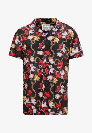 Zwart overhemd met korte mouwen en knopen, met rood, wit en geel bloemenprint en gouden kettingpatronen, maat medium van SikSilk.