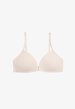 Sujetador de tela rosa, suave, con copas de espuma, tirantes ajustables y un pequeño lazo blanco en el centro. Diseño clásico en forma de triángulo.