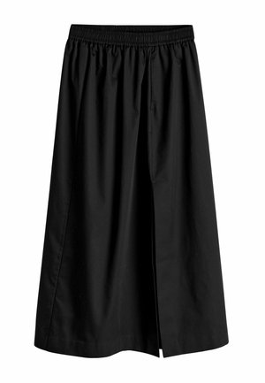 Schwarzer knielanger Rock aus weichem Stoff, mit elastischem Bund und einem Fronkich für ein zusätzliches Designdetail.