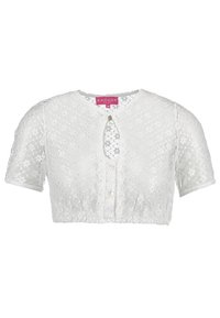 Weiße, bauchfreie Bluse mit kurzen Ärmeln, aus Spitzenmaterial mit Blumenmuster, rundem Ausschnitt und Knöpfen vorne. Markenetikett innen sichtbar.