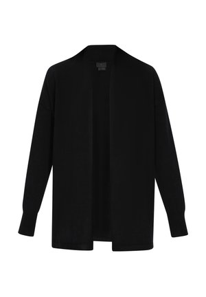 Schwarze Strickjacke mit offenem Vorderteil, langen Ärmeln und gerippten Bündchen. Hergestellt aus weichem Stoff mit glatter Textur, bietet sie eine entspannte Silhouette.