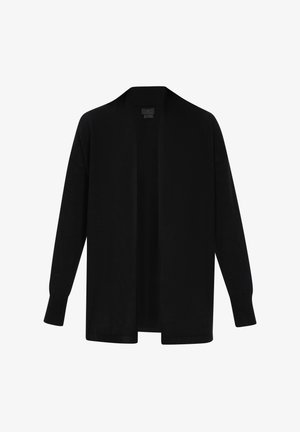 Juodas megztinis su atviru priekiu, ilgomis rankovėmis ir gumbuotais rankogaliais. Pagamintas iš minkštos medžiagos su sklandžia tekstūra, suteikiantis laisvą siluetą.