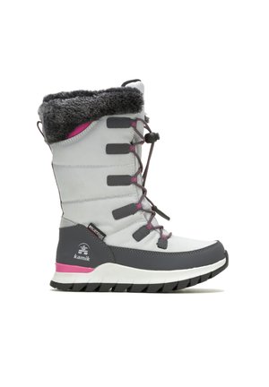 Winter boot with gray and black exterior, pink accents, fur lining at the top, and lace-up front with toggle closure.