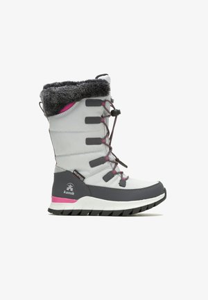 Winterstiefel mit grauem und schwarzem Außenmaterial, rosa Akzenten, Fellfutter am oberen Rand und Schnürung mit Kordelzugverschluss.