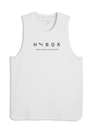 Débardeur de sport blanc avec le logo "HYROX" et Puma au-dessus du texte "World Series of Fitness Racing" au centre devant.