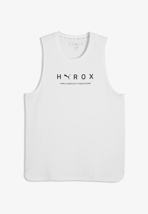 Weißes ärmelloses Sporthemd mit "HYROX"- und Puma-Logo über dem Text "World Series of Fitness Racing" in der vorderen Mitte.