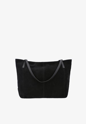 Sort ruskinds tote bag med to læderhåndtag, rektangulær form, glat tekstur og diskrete syninger langs siderne.