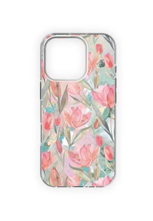 Gennemsigtigt telefontui med akvarel-stil lyserøde tulipanblomster og grønne blade på en blød pastelbaggrund.