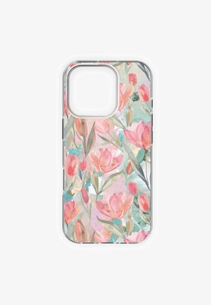 Gennemsigtigt telefontui med akvarel-stil lyserøde tulipanblomster og grønne blade på en blød pastelbaggrund.