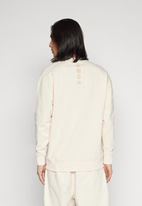 Sudadera de color beige claro con corte holgado, cuello redondo y gráficos bordados en la parte posterior. Tejido de algodón suave y puños acanalados.