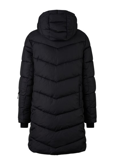 Black puffer coat with a chevron quilt pattern, hood, and long sleeves. Features zippered pocket on left sleeve and ribbed cuffs.