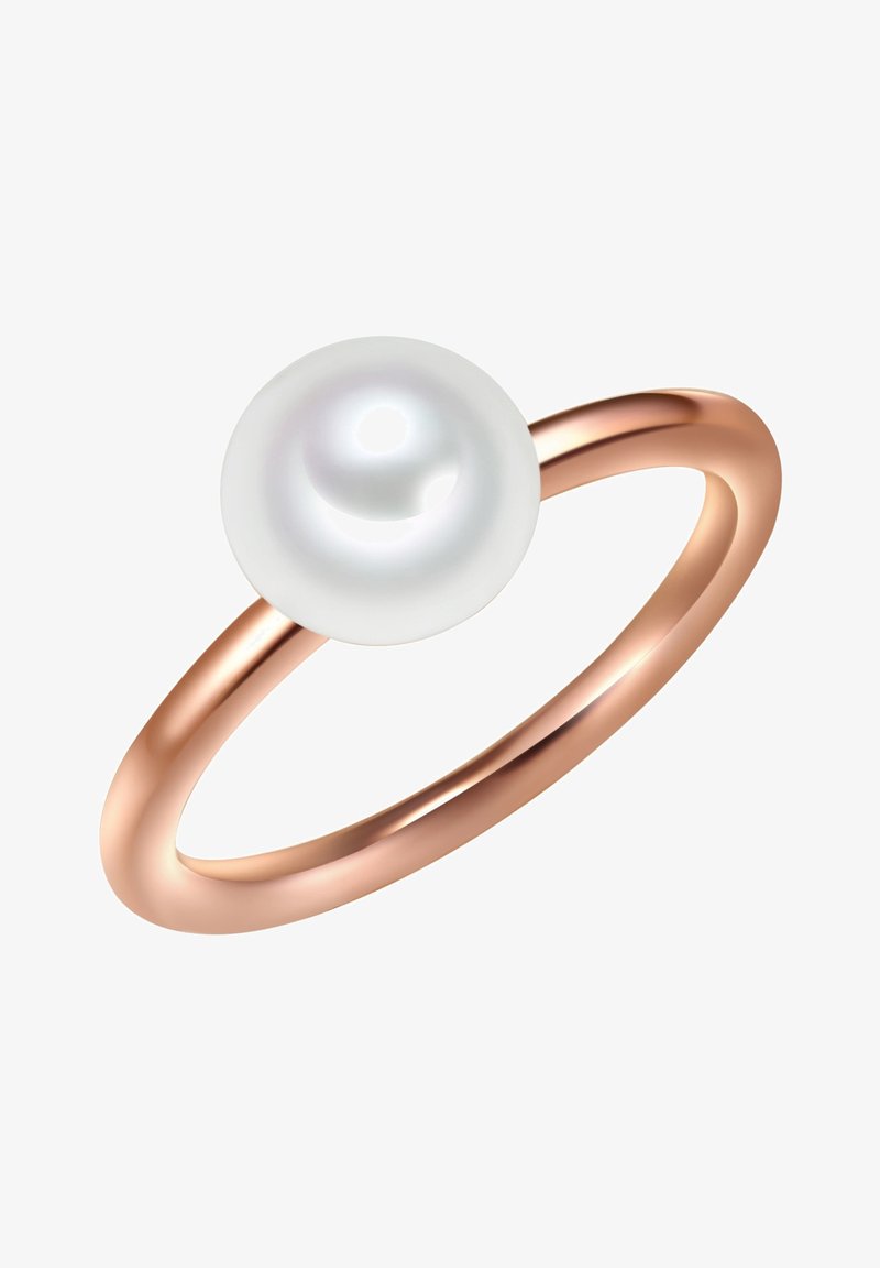 Rožinės aukso žiedas, kurio centre yra lygus, blizgus baltas perlas. Juosta yra plona ir turi poliruotą apdailą.