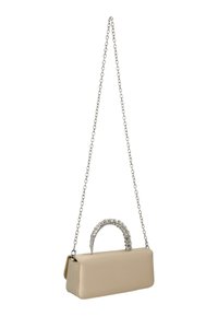 Borsa beige metallica con forma rettangolare, tracolla a catena e manico lavorato decorato con strass.