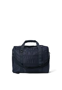 Marinblå duffelväska med dubbla handtag och en avtagbar axelrem, utrustad med en framficka med dragkedja och en stilren design.