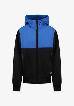 Gewatteerd jack met een blauw bovenstuk en een zwart onderste gedeelte, gemaakt van lichtgewicht materiaal, met ritszakken en elastische manchetten.