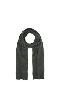 Dark gray scarf made of soft fabric, featuring a simple design, with ribbed ends and a looped drape.