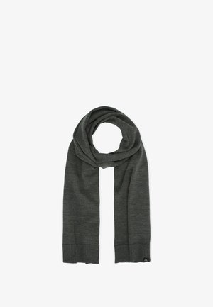 Sciarpa grigia scura realizzata in tessuto morbido, con un design semplice, estremità a coste e drappeggio a loop.