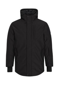 Giacca impermeabile nera con colletto alto, chiusura con zip e bottoni a pressione, tasche laterali e polsini elasticizzati. Texture liscia e design minimale.