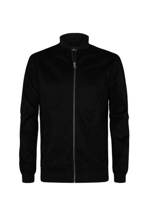 Sort bomberjakke med en glat overflade, lynlåslukning og ribbede manchetter og krave. Funktionen er minimalistisk uden bemærkelsesværdige mønstre.
