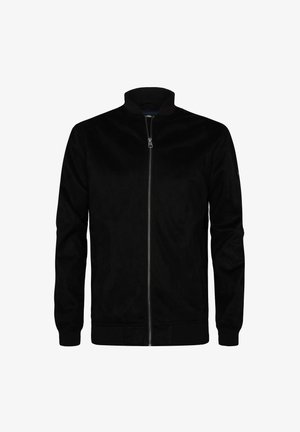 Sort bomberjakke med en glat overflade, lynlåslukning og ribbede manchetter og krave. Funktionen er minimalistisk uden bemærkelsesværdige mønstre.