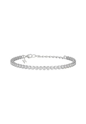 Silbernes Tennisarmband mit runden klaren Edelsteinen, die in verbundenen kreisförmigen Fassungen gesetzt sind, und einem Karabinerverschluss mit verstellbarer Kette.