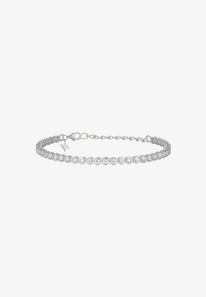 Silbernes Tennisarmband mit runden klaren Edelsteinen, die in verbundenen kreisförmigen Fassungen gesetzt sind, und einem Karabinerverschluss mit verstellbarer Kette.