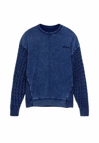 Sweat-shirt bleu marine avec manches en maille torsadée texturée et corps lisse. Encolure ronde et poignets et ourlet côtelés. Détail de marque subtil.