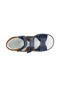 Sandalo in pelle blu navy con due cinturini regolabili in Velcro, dettagli marroni e una soletta perforata bianca. Suola testurizzata e design della punta rotonda.