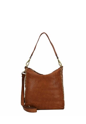 Borsa a spalla in pelle marrone con superficie texturizzata, dotata di un manico rotondo singolo, tracolla rimovibile e dettagli in metallo dorato.