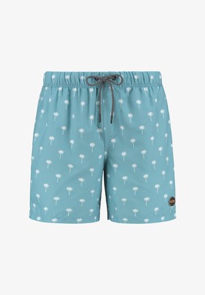 Turkusowe kąpielówki w palmowy wzór, z elastycznym pasem i czarnym sznurkiem. Materiał wydaje się lekki i gładki.