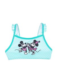 Turquoise polka dot bikini top with ruffled straps featuring a black and white cartoon of Mickey and Minnie Mouse dancing.