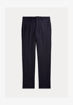 Pantalones ajustados de color azul marino hechos de una tela suave, con un frente plano, dos bolsillos laterales y trabillas para el cinturón.