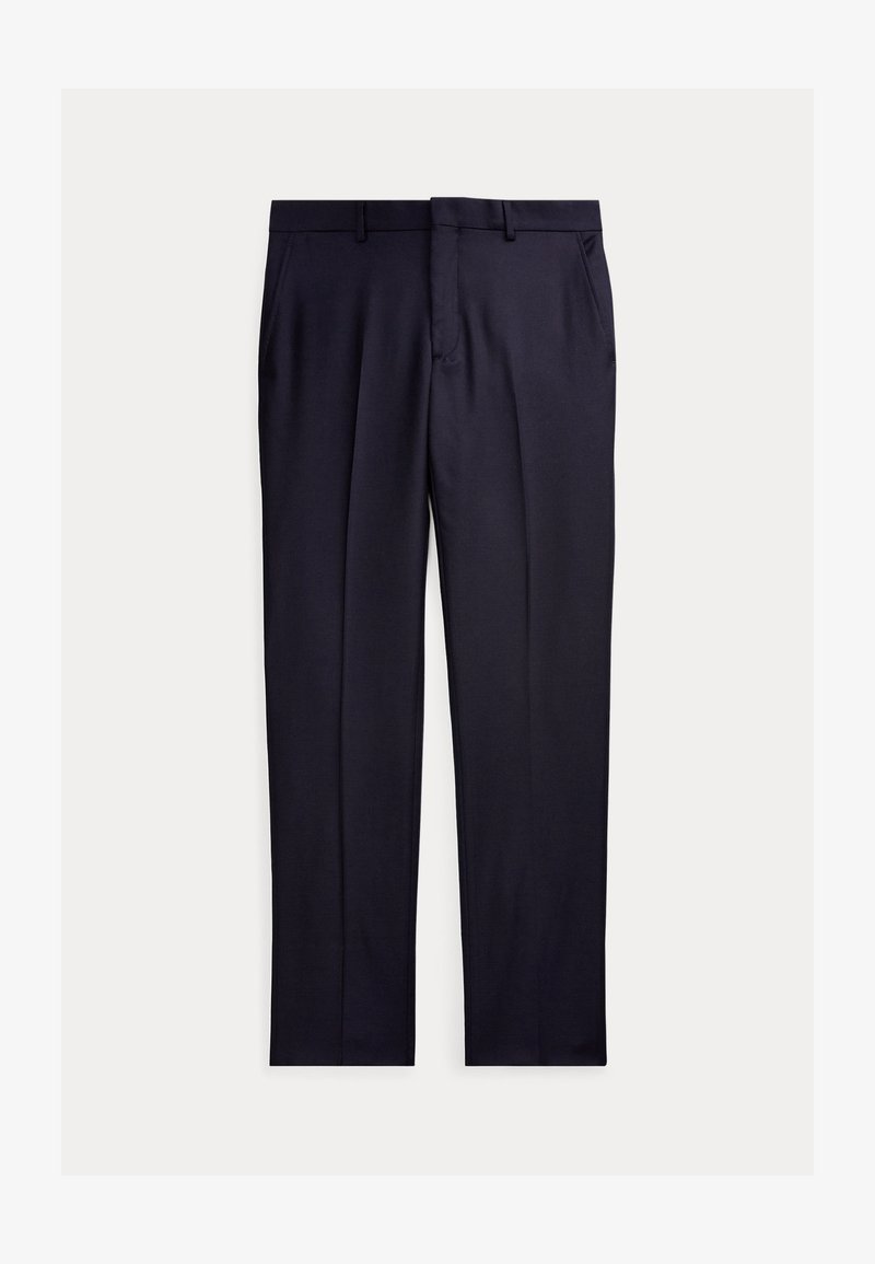 Pantalons taillés bleu marine en tissu lisse, dotés d'un devant plat, de deux poches latérales et de passants de ceinture.