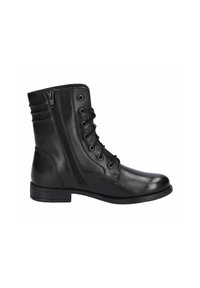 Bottine noire en cuir avec fermeture éclair latérale, lacets à l'avant et talon bas, présentée de profil sur fond blanc.