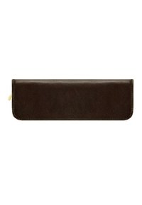 Portafoglio in pelle marrone con una texture liscia, forma rettangolare allungata e bordi arrotondati. Presenta una cerniera dorata a un'estremità.