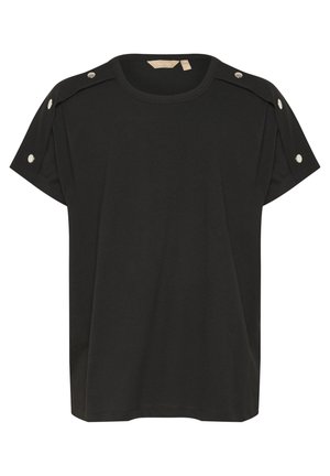 Črna majica iz bombaža, z okroglim izrezom in kratkimi rokavi, ki imajo detajle s pridihom pritisnih gumbov na ramenih. Gladka tekstura.