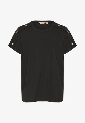 Črna majica iz bombaža, z okroglim izrezom in kratkimi rokavi, ki imajo detajle s pridihom pritisnih gumbov na ramenih. Gladka tekstura.