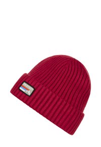 Punainen neulepipo, jossa on ribbikuvio ja käännettävä reuna. Varustettu mustalla tarralla, jossa on sana "PROTEST" ja vuoristografiikka.