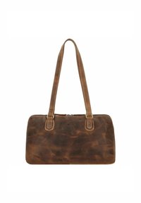 Borsa a mano in pelle marrone con texture liscia, forma rettangolare, due manici superiori e chiusura con zip. Presenta cuciture decorative visibili.