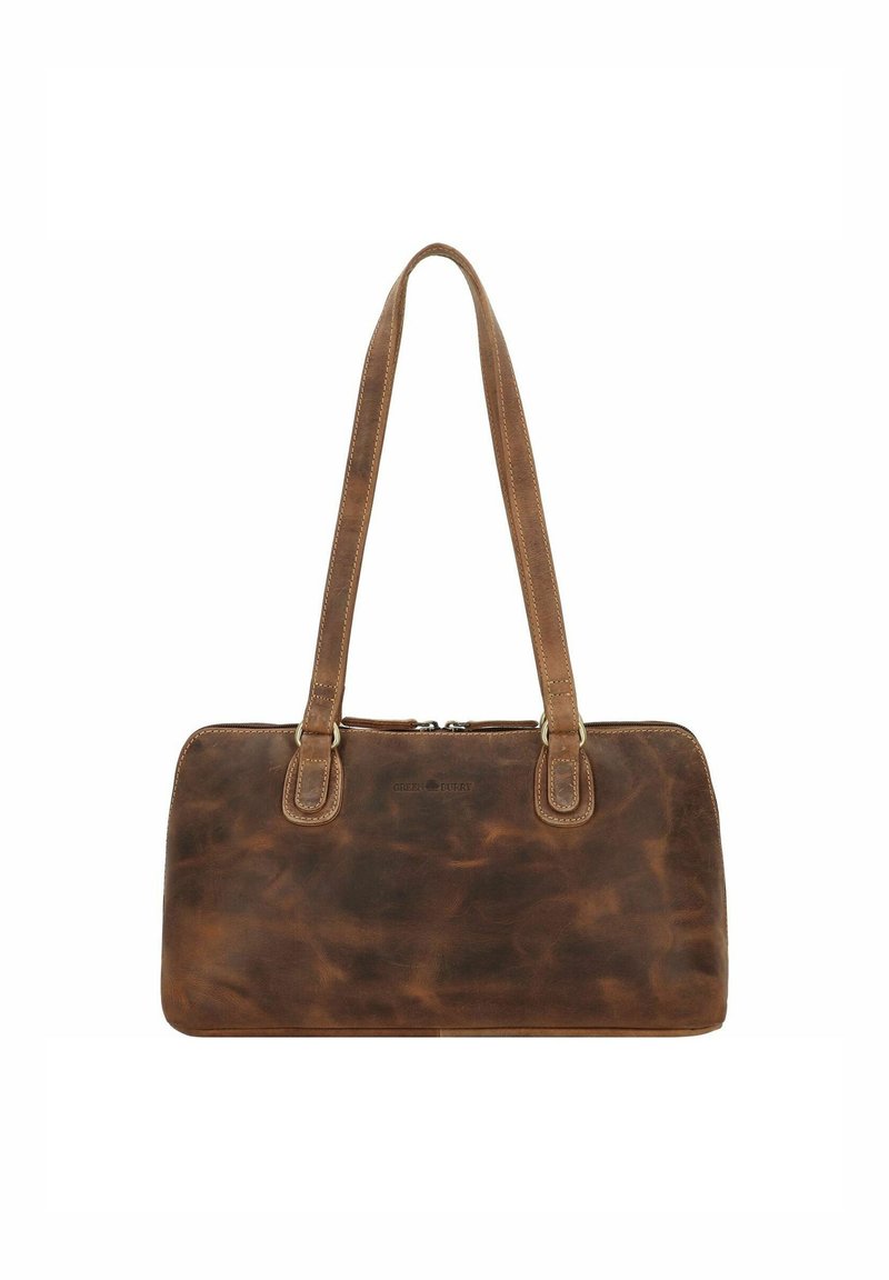 Borsa a mano in pelle marrone con texture liscia, forma rettangolare, due manici superiori e chiusura con zip. Presenta cuciture decorative visibili.